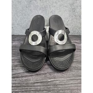 Crocs Sanrah Beveled Circle Slide Sandal Women’s 11 Black Silver EUC Retired